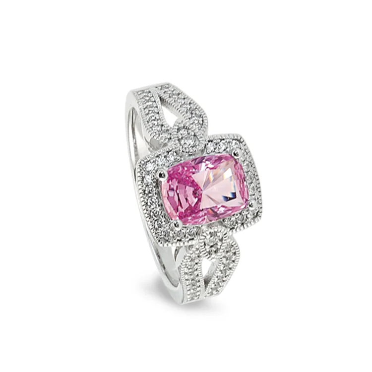 Multi-band rings-Platinum Finish Sterling Silver Micropave Ring with Simulated Pink Ruby and Simulated Diamonds