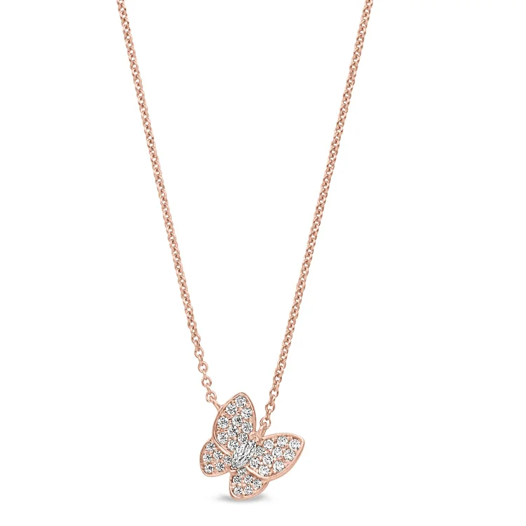 Personalized pendants for necklaces-Rose Gold Finish Sterling Silver Micropave Butterfly Necklace with Simulated Diamonds on 16"-18" Adjustable Chain