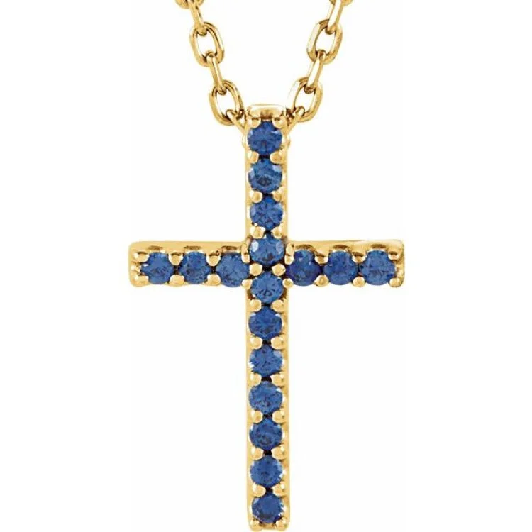 Statement necklaces for party outfits-14K Yellow Natural Blue Sapphire Petite Cross 16" Necklace