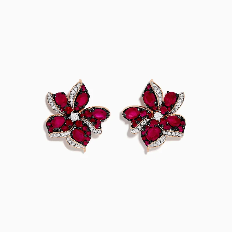 Geometric Earrings For Casual Fashion-Ruby Royale 14K Rose Gold Ruby and Diamond Flower Earrings