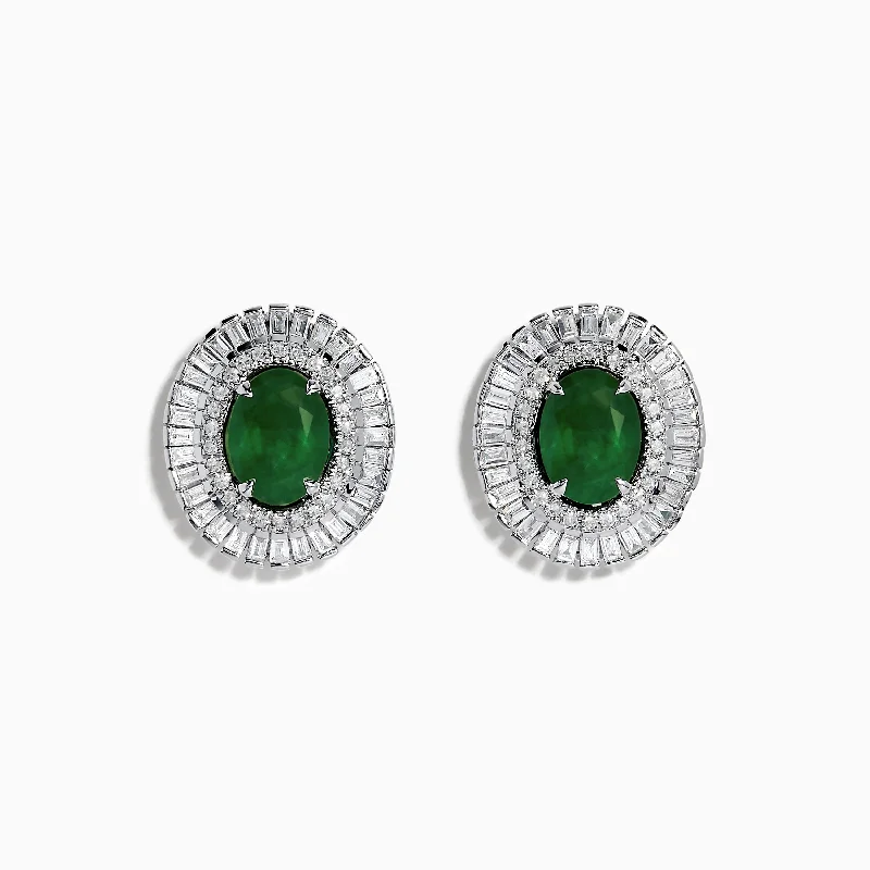 Elegant Chandelier Earrings For Glam-14K White Gold Emerald and Diamond Stud Earrings