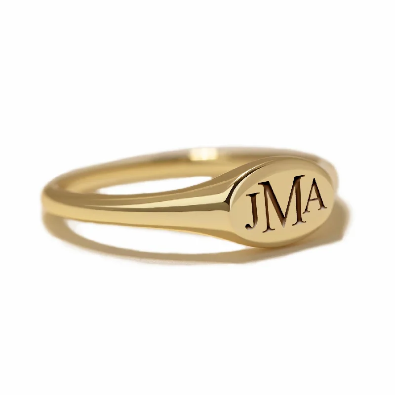 Diamond wedding bands-Engraved Monogram Oval Signet Ring