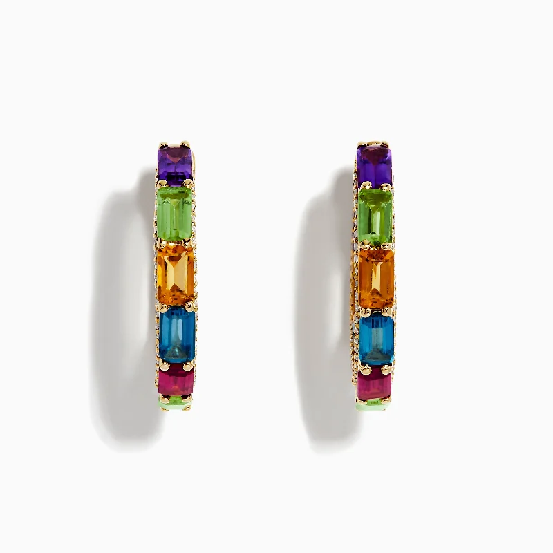 Colorful Earrings For Daytime Fashion-Mosaic 14K Yellow Gold Semi Precious and Diamond Hoops