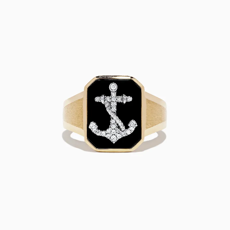 Simple wedding rings-Men's 14K Two Tone Gold Agate and Diamond Anchor Ring, 1.66 TCW