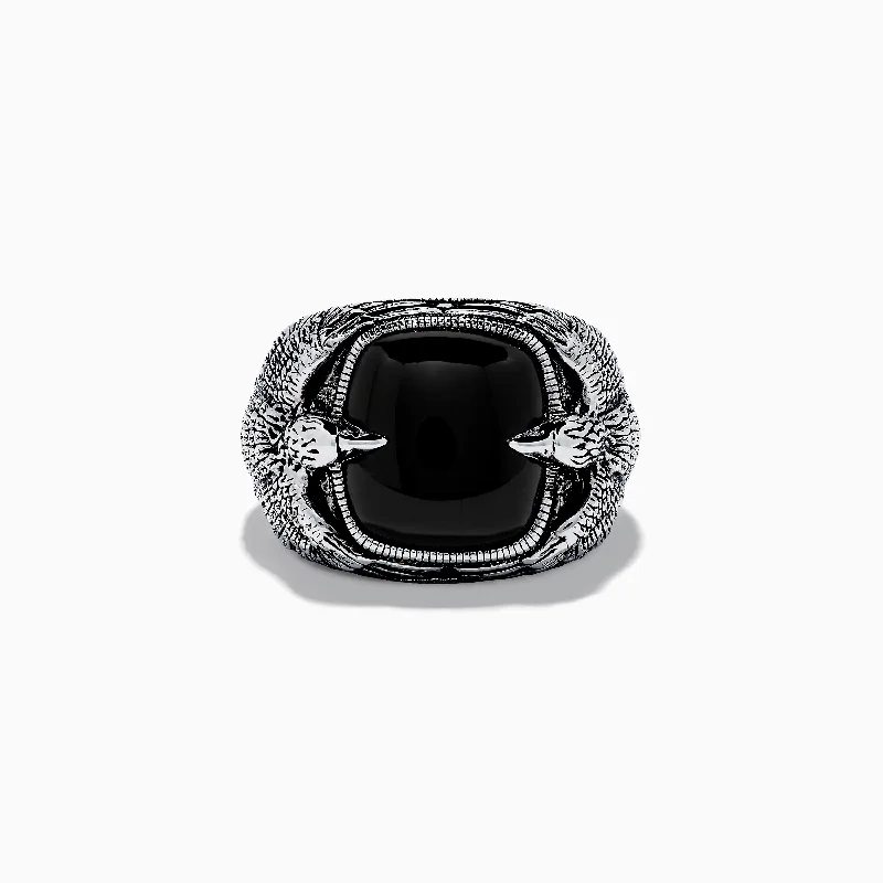 Affordable promise rings for women-Men's Sterling Silver Double Eagle Onyx Ring, 10.05 TCW