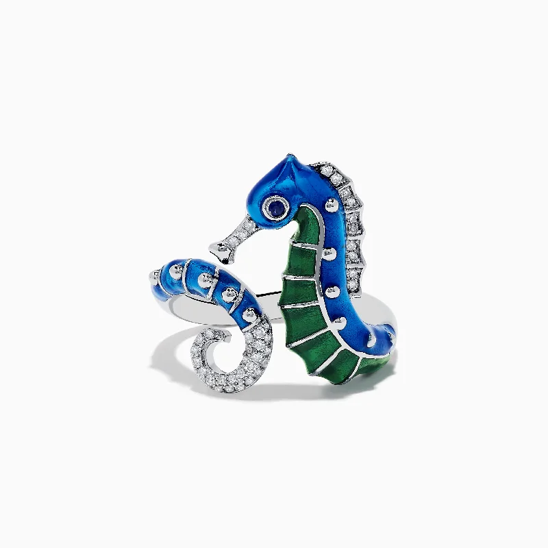 Personalized wedding rings for couples-Seaside 14K White Gold Blue Sapphire and Diamond Seahorse Ring