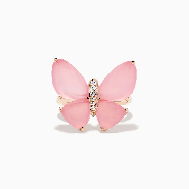 Affordable engagement rings with diamonds-Nature 14K Rose Gold Rose Quartz and Diamond Butterfly Ring