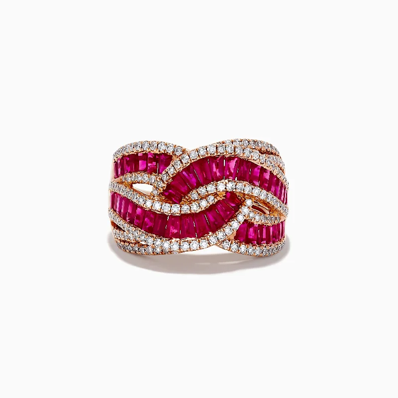 Vintage rings for men-Ruby Royale 14K Rose Gold Baguette Cut Ruby and Diamond Intertwined Ring