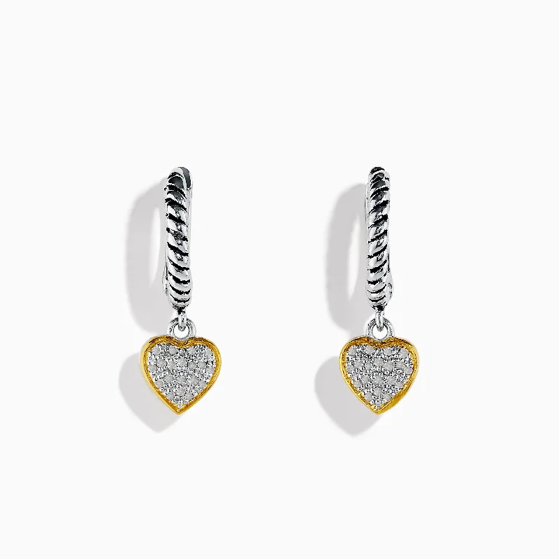 Sparkling Earrings For Special Occasions-925 Sterling Silver and 18K Yellow Gold Diamond Heart Drop Earrings