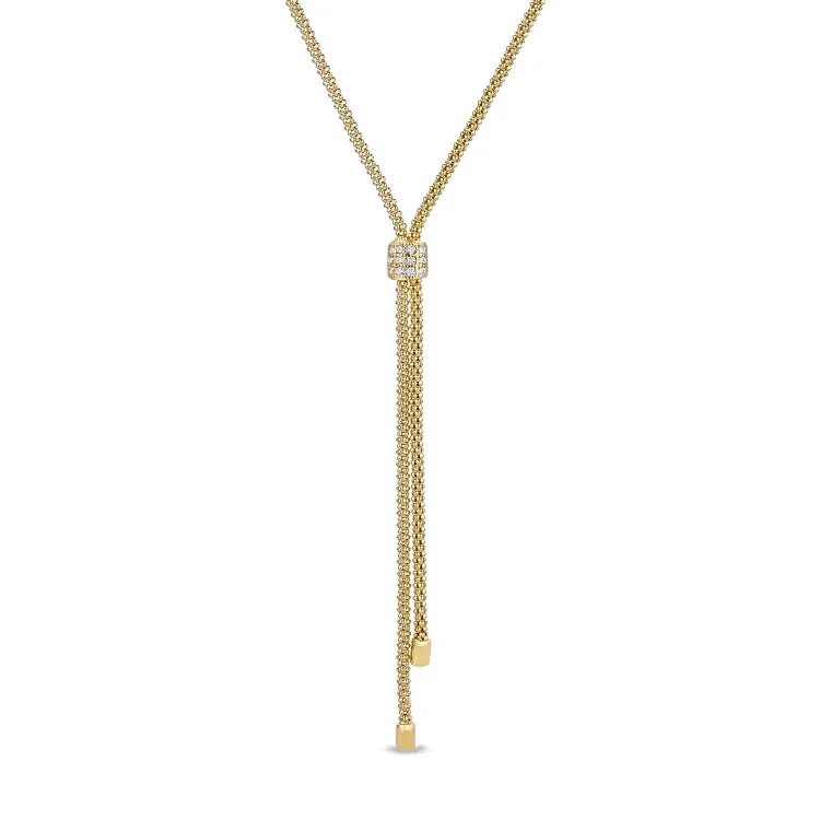 Designer necklaces for fashion lovers-Gold Finish Sterling Silver Micropave Lanyard Necklace with a Square with 3 rows of Simulated Diamonds - Adjustable 18"-20"