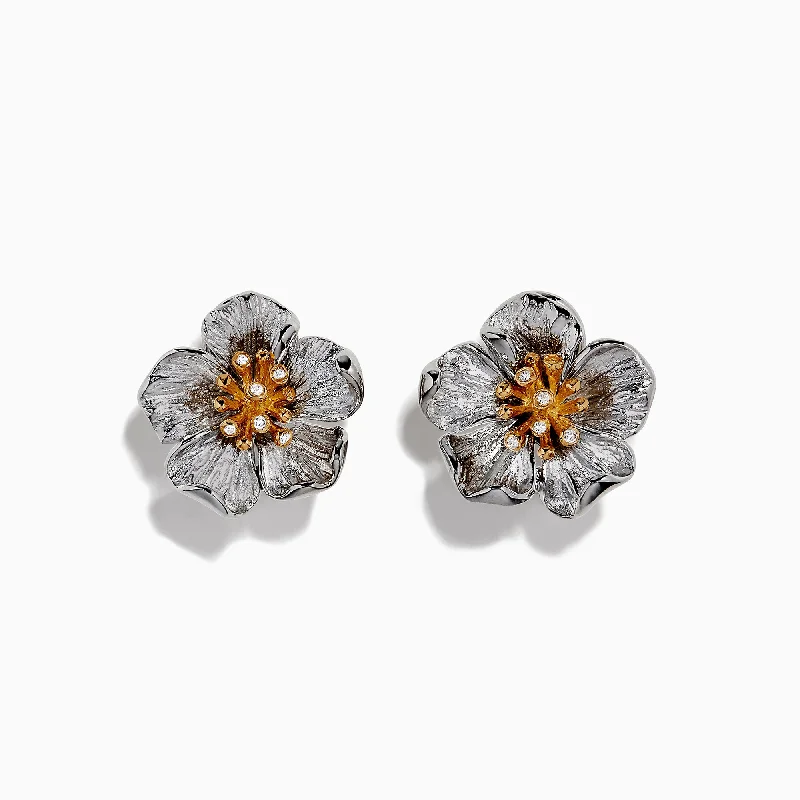 Colorful Earrings For Spring Outfits-Nature Sterling Silver & 18K Gold Diamond Flower Earrings, 0.04 TCW