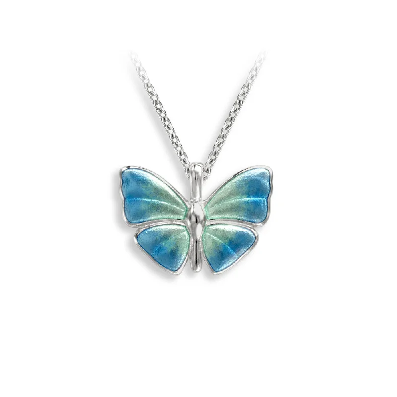 Long pendant necklaces-Blue Enamel Butterfly Necklace in Silver by Nicole Barr