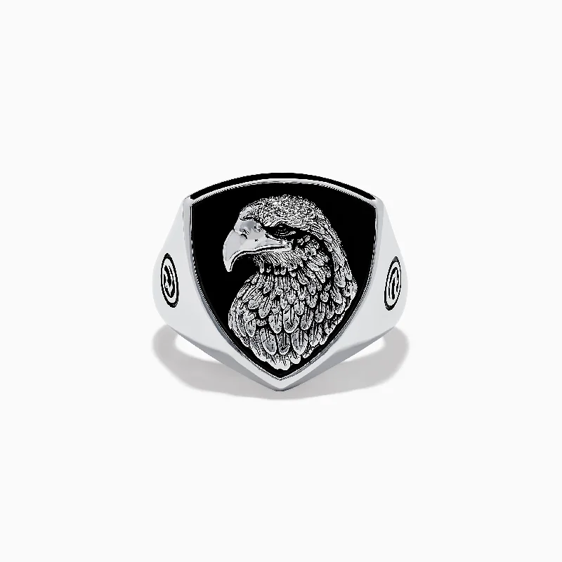 Custom rings for brides-Men's Sterling Silver Onyx Eagle Ring