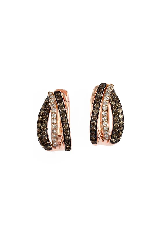 Stylish Earrings For Bridal Fashion-Espresso 14K Rose Gold Brown and White Diamond Hoop Earrings, 0.52 TCW