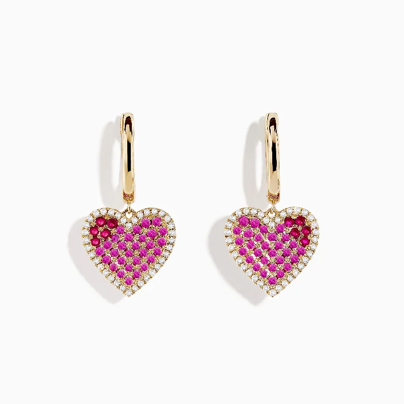 Boho Earrings For Music Festival Style-Novelty 14K Yellow Gold Ruby, Pink Sapphire and Diamond Heart Earrings