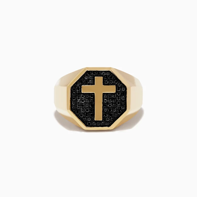 Ring sets for couples-Men's 14K Yellow Gold Black Diamond Cross Ring