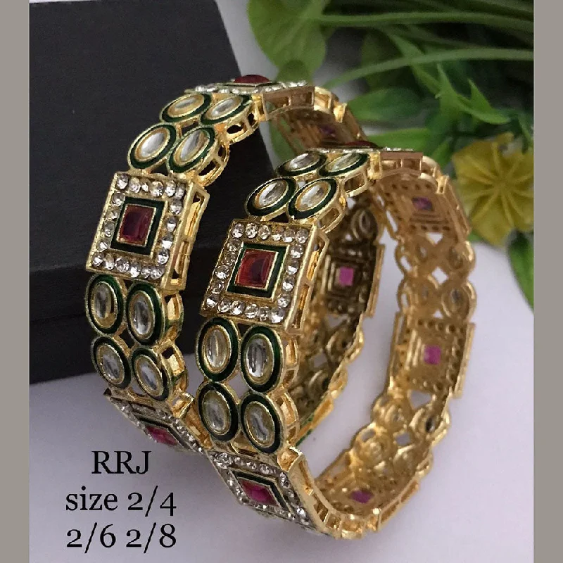 stretchy leather wristbands-Slim gold bangles for classic style-FS Collection Gold Plated Kundan Stone Bangle Set