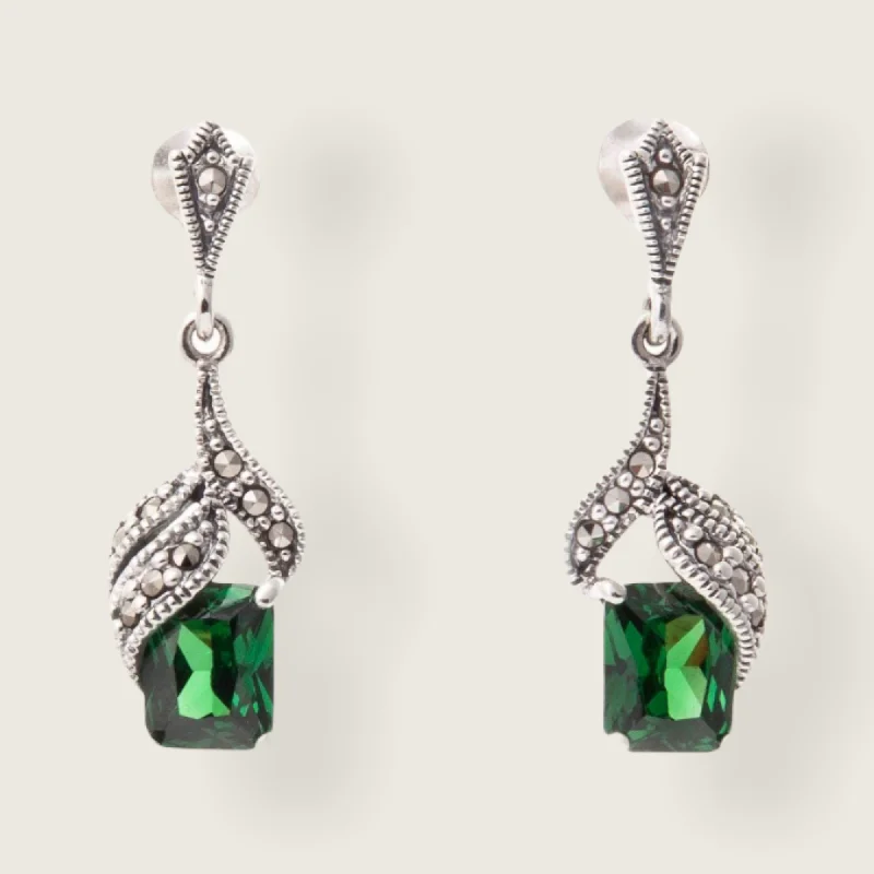 Elegant Earrings For Special Events-Art Deco Earrings Emerald Green Silver Marcasite  Crystal