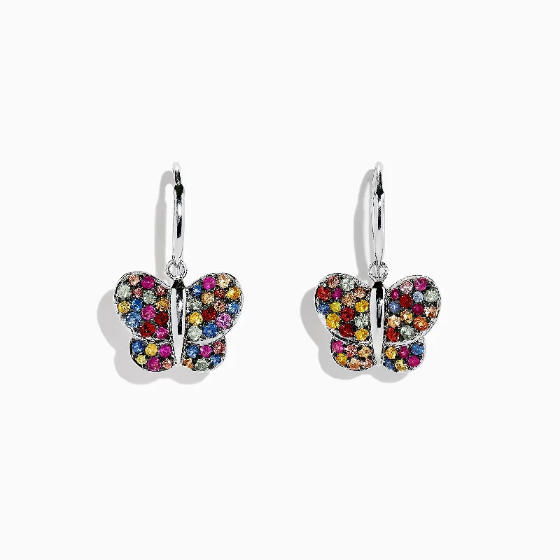 Silver Earrings For Evening Wear-925 Sterling Silver Multi Sapphire Butterfly Earrings, 1.62 TCW