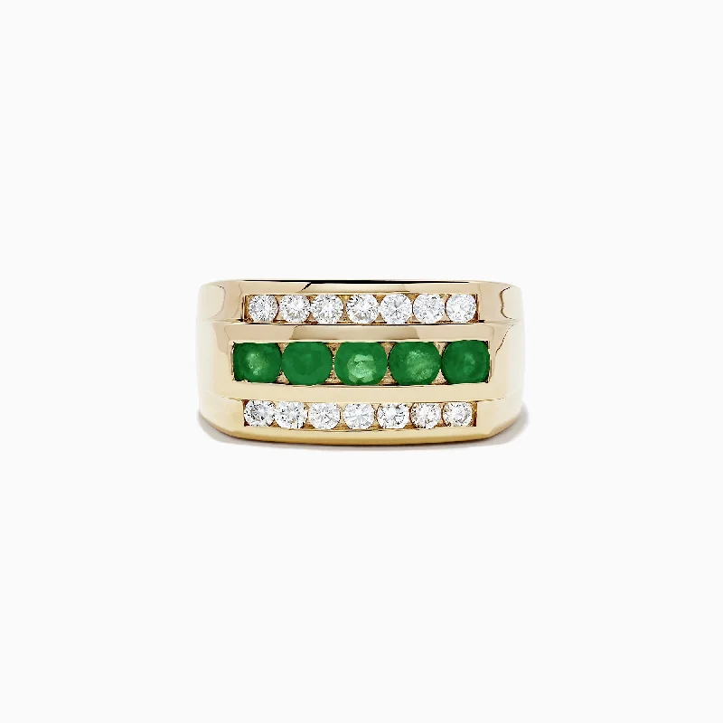 Silver wedding rings-Men's 14K Yellow Gold Emerald and Diamond Ring, 1.78 TCW