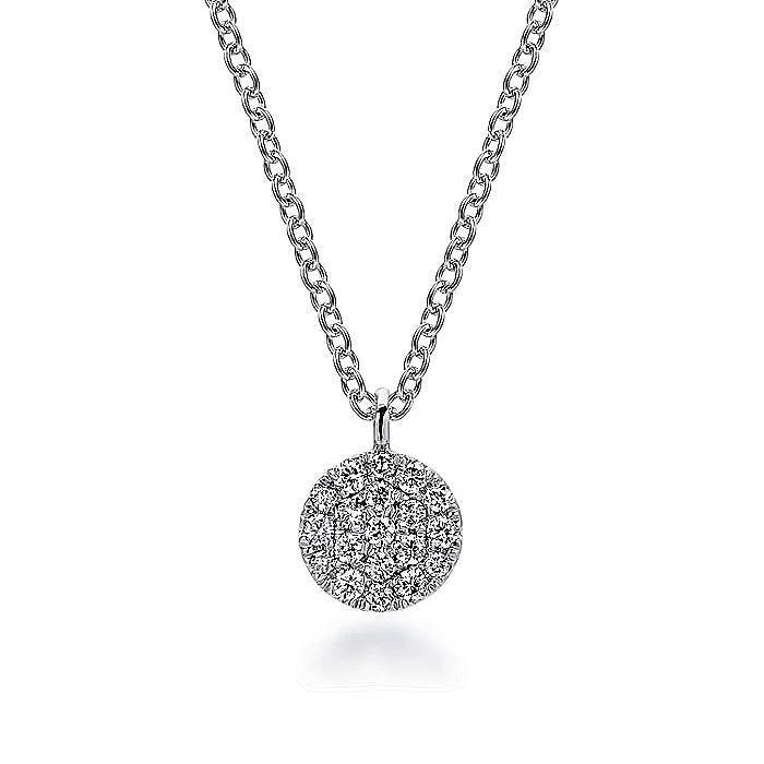 Fashionable gold necklaces for teens-Diamond Pave Disc Necklace in White Gold by Gabriel & Co.