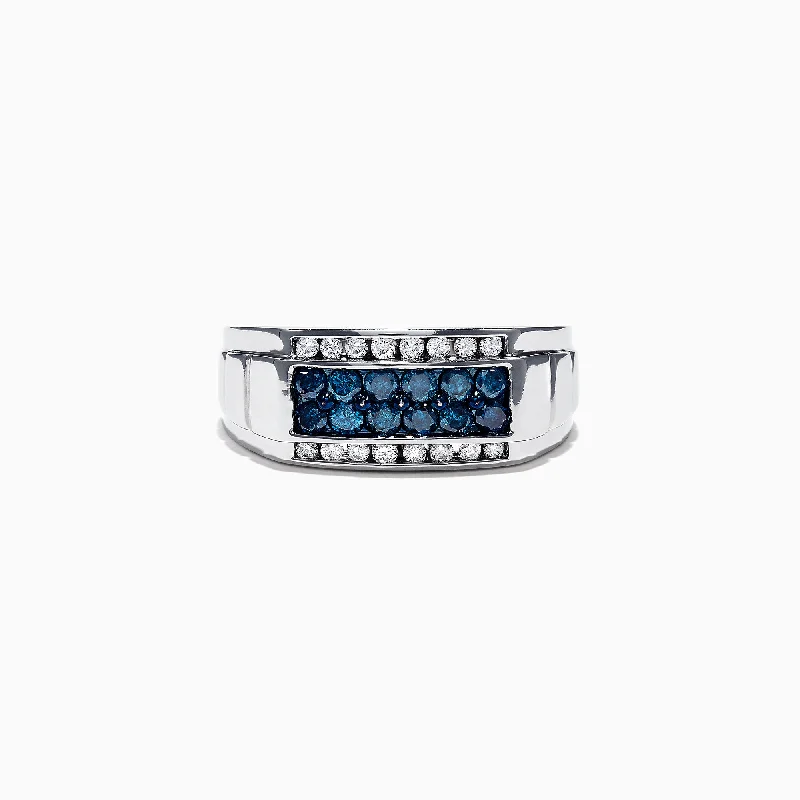 Dainty rings-Men's 14K White Gold Blue and White Diamond Ring, 1.0 TCW