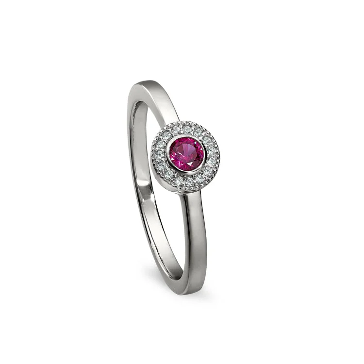 Engagement rings with three stones-Platinum Finish Sterling Silver Micropave Round Simulated Ruby Ring with Simulated Diamonds Size 7