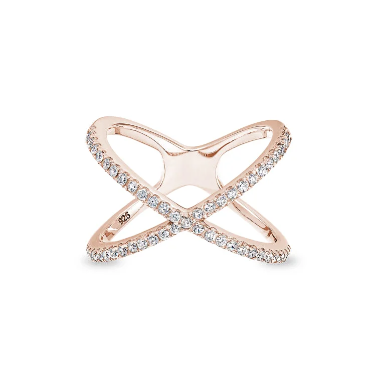 Unique engagement rings for men-Rose Gold Finish Sterling Silver Micropave Criss-Cross Ring with Simulated Diamonds