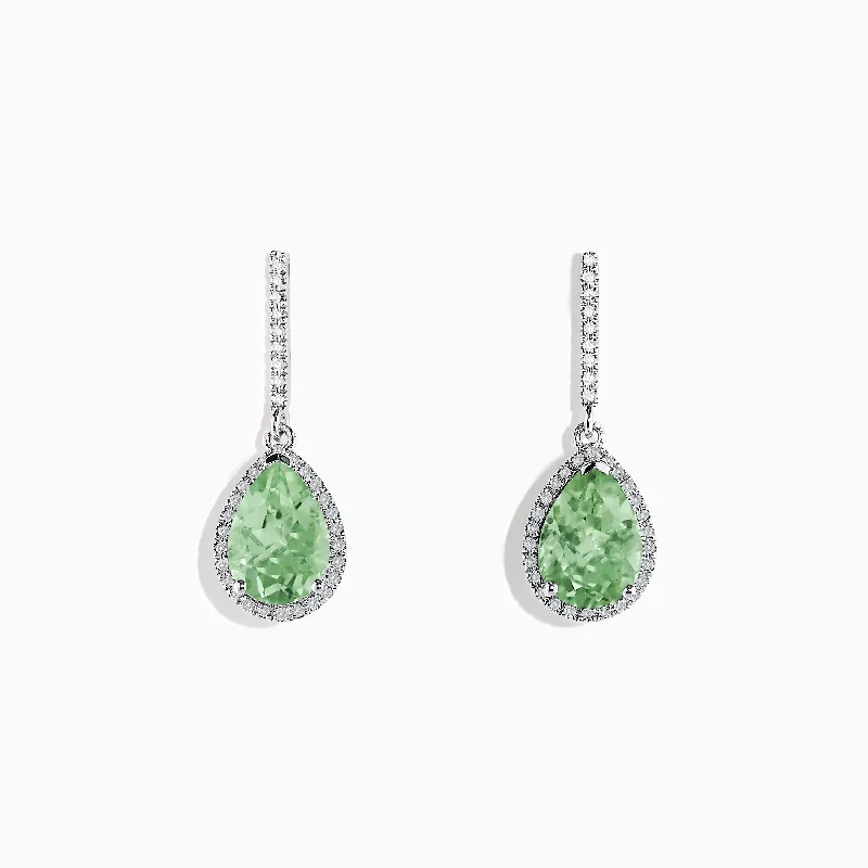 Gold Hoop Earrings For Women-14K White Gold Green Amethyst and Diamond Drop Earrings