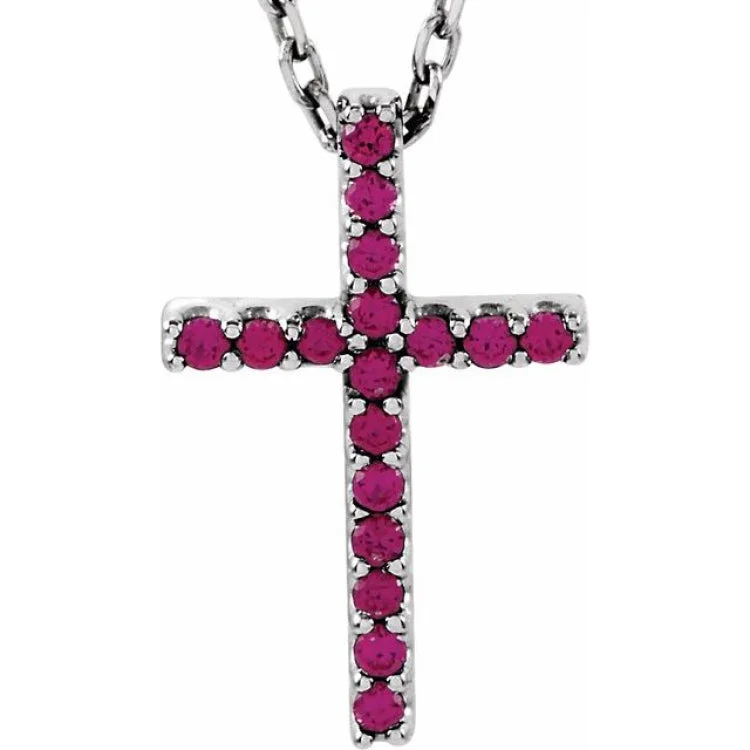 Custom necklaces for family gifts-14K White Natural Ruby Petite Cross 16" Necklace