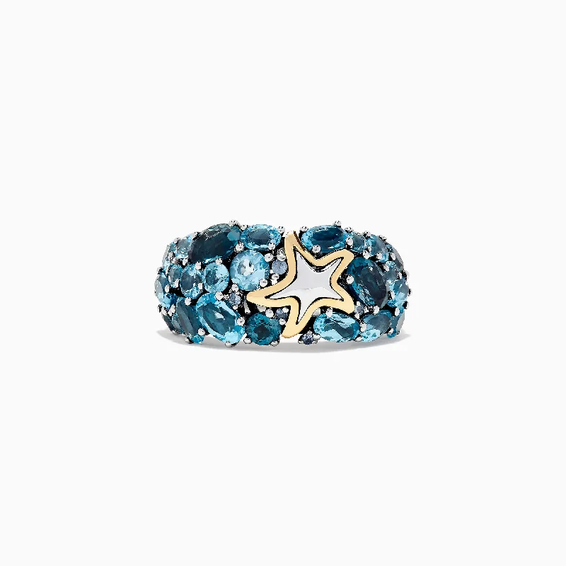 Women’s sapphire engagement rings-Seaside Silver and 18K Gold Blue Topaz Starfish Ring, 6.70 TCW