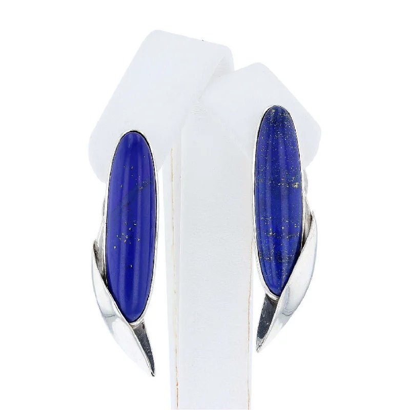 Feather Earrings For Boho Style-Contemporary Silver Elongated Oval Lapis Earrings