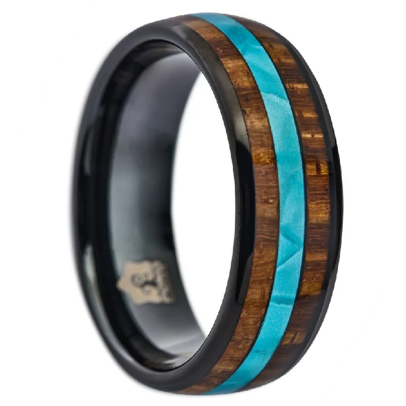 Colored gemstone engagement rings-Black Tungsten, Koa Wood and Mother of Pearl Ring