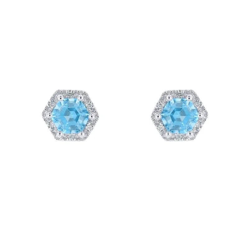 Unique Pearl Earrings For Classic Style-Blue Topaz & Diamond Hexagon Halo Studs