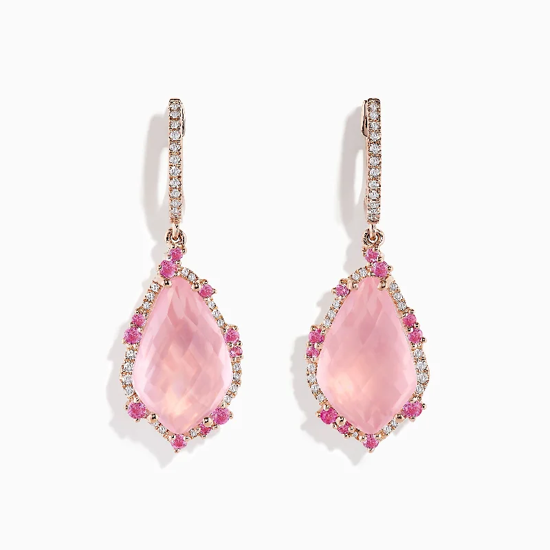 Rose Gold Earrings For Modern Style-14K Rose Gold Rose Quartz and Pink Sapphire Diamond Earrings