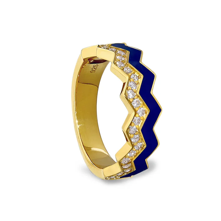 Affordable gold wedding bands-Gold Vermeil Sterling Silver Micropave Ring with with Navy Enamel and Simulated Diamondss