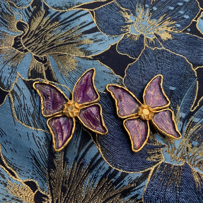 Silver Stud Earrings For Daily Wear-YSL Butterfly Earrings Purple Enamel Yves Saint Laurent Clip on