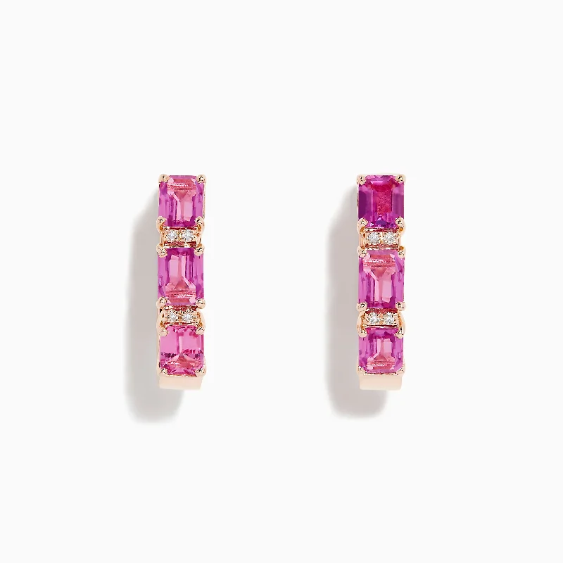 Modern Earrings For Special Moments-14K Rose Gold Pink Sapphire and Diamond Huggie Hoop Earrings