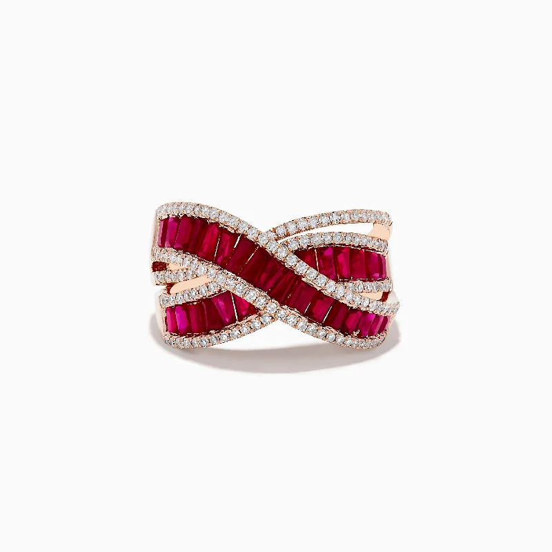 Custom wedding rings for brides-Ruby Royale 14K Rose Gold Baguette Cut Ruby and Diamond Crossover Ring