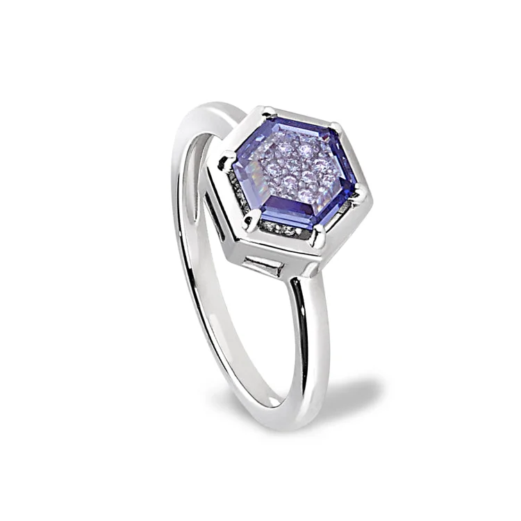 Platinum rings-Platinum Finish Sterling Silver Flat Hexagon Synthetic Tanzanite Ring with Simulated Diamonds - Size 6