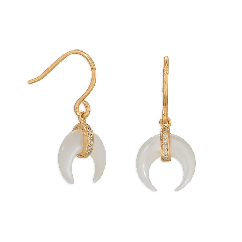 Elegant Dangle Earrings For Glamorous Appeal-Crescent Moon Mother of Pearl with CZ Gold Plated Sterling Silver Earrings