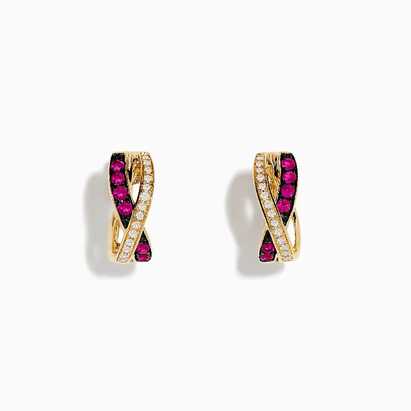 Designer Earrings For Luxury Fashion-Ruby Royale 14K Yellow Gold Ruby Crossover 1/2" Hoop Earrings