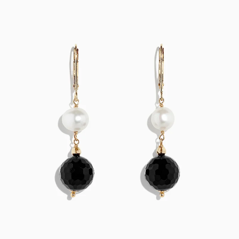 Geometric Earrings For Contemporary Fashion-14K Yellow Gold Onyx and Cultured Fresh Water Pearl Drop Earrings, 14.50 TCW