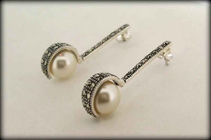 Geometric Earrings For Contemporary Fashion-Art Deco style pearl ball  Silver Marcasite Earrings