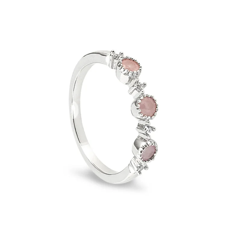 Affordable diamond engagement rings-Platinum Finish Sterling Silver Pink 3 Stone Ring with Simulated Diamonds