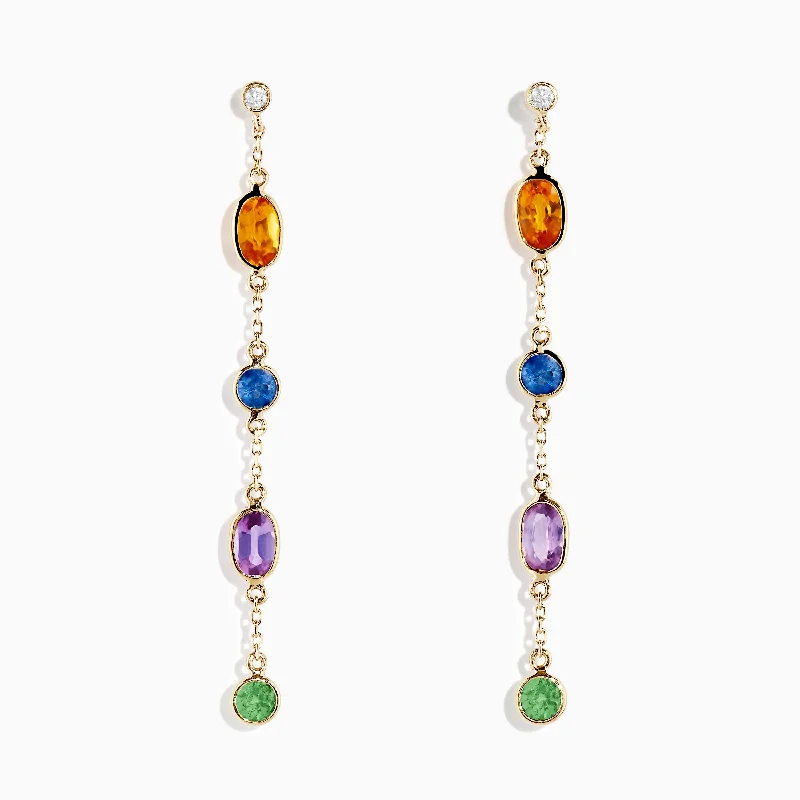 Classic Stud Earrings For Women-14K Yellow Gold Multi Color Sapphire and Diamond Station Earrings