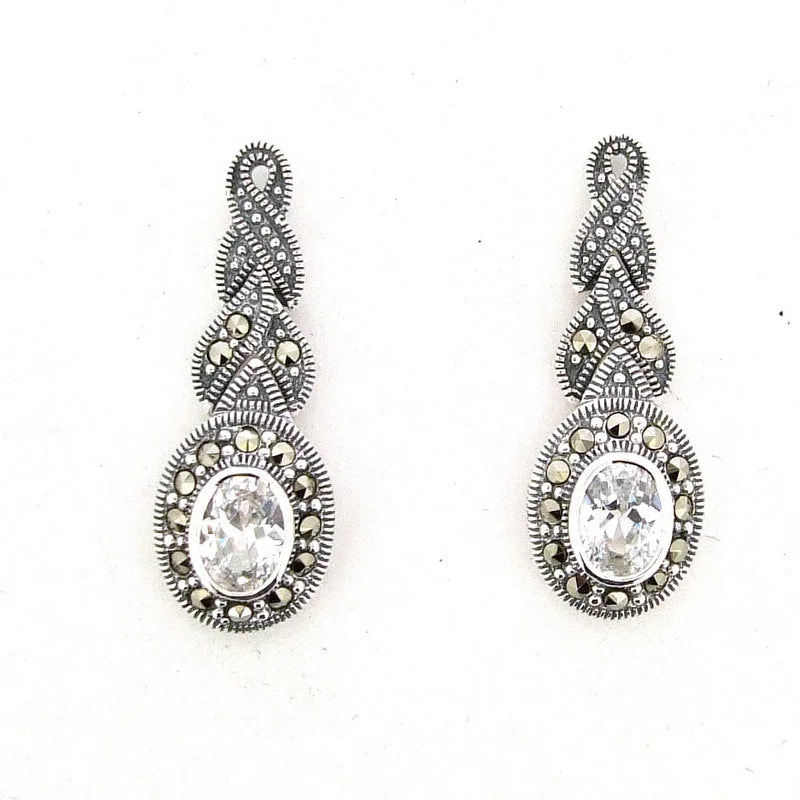 Cute Earrings For Teenage Girls-Bridal Earrings Vintage Wedding Silver Marcasite Earrings Oval Clear Crystal