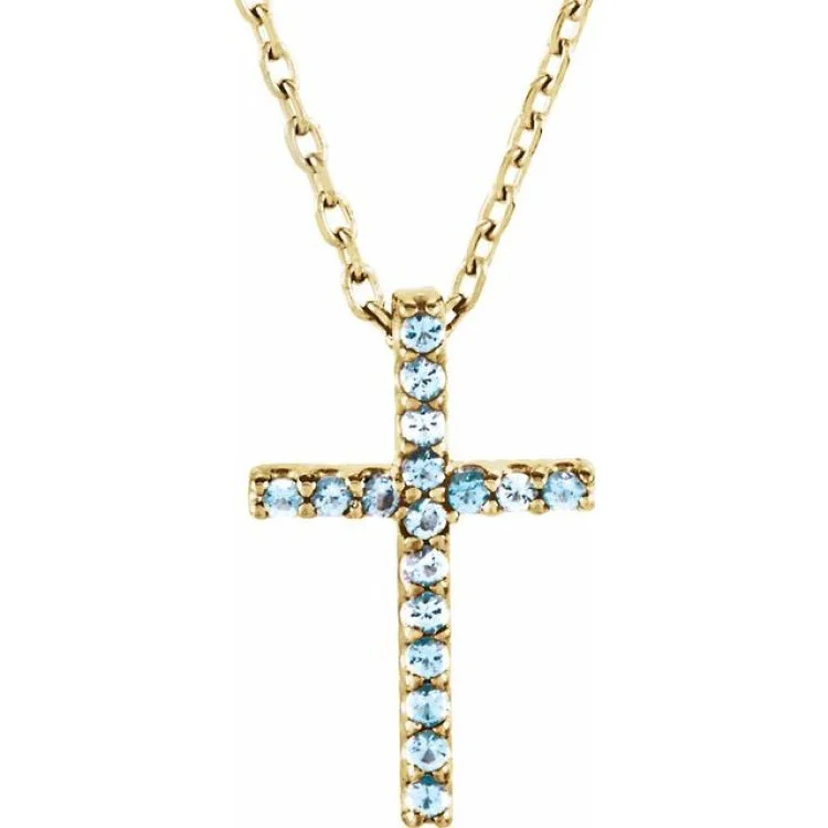 Silver lockets with engraved messages-14K Yellow Natural Aquamarine Petite Cross 16" Necklace