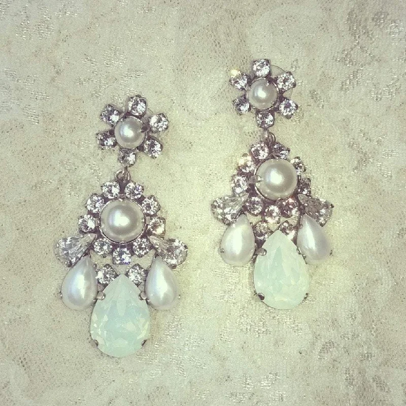 Unique Earrings For Collectors-Bridal Pearl Earrings Crystal Chandelier Pierced