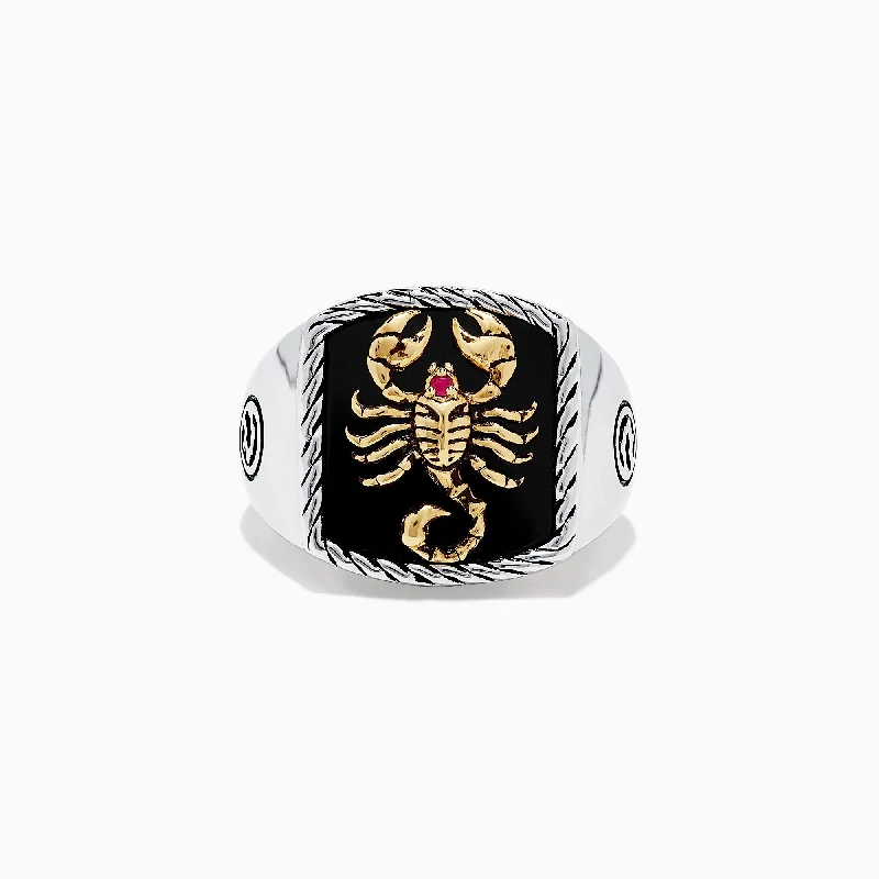 Multi-gemstone wedding rings-Men's Silver & 14K Gold Plating Onyx and Ruby Scorpion Ring, 5.00 TCW